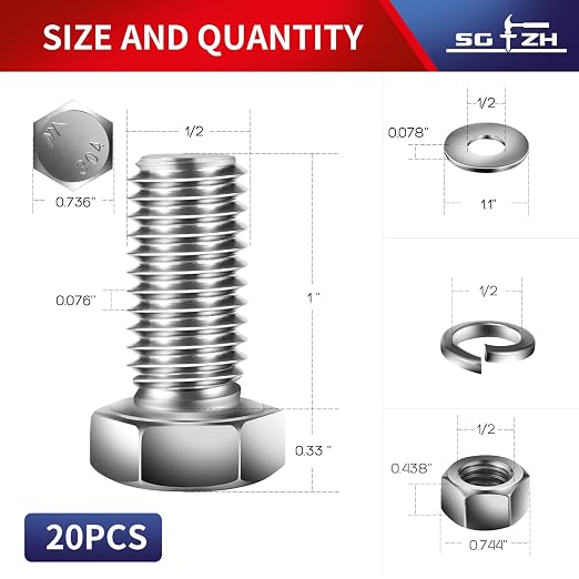 1/2-13 x 1" Hex Head Screw Bolt, Flat & Lock Washers, Fully Threaded, by SG TZH - Image 2