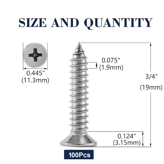 #14 x 3/4" Wood Screw 100Pcs 18-8 Stainless Steel Screws Flat Head Phillips - Image 2