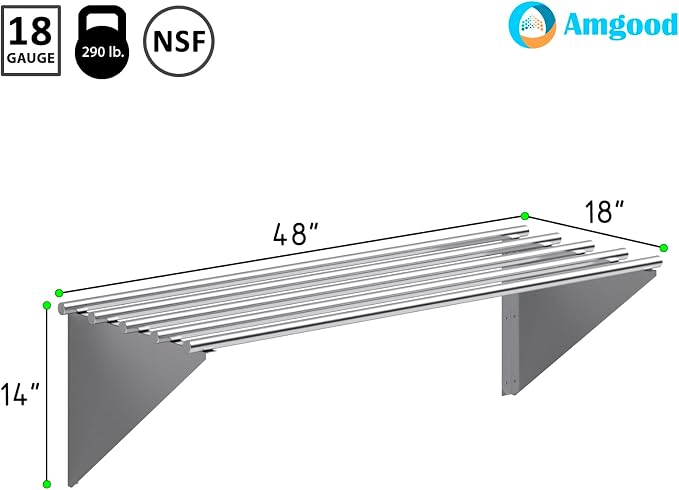 AmGood 18 in. x 48 in. NSF Stainless Steel Tubular Wall Shelf | Heavy-Duty - Image 3