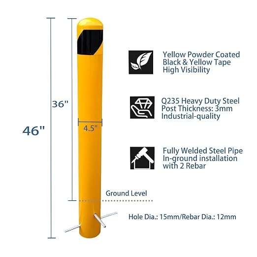 46" Pour in Place Steel Bollard Post, 4-1/2" OD Safety Bollard Yellow Powder - Image 3