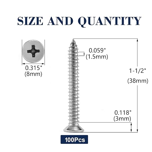 #8 x 1-1/2" Wood Screw 100Pcs 18-8 Stainless Steel Screws Flat Head Phillips - Image 2
