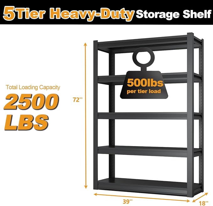 72H Metal Kitchen Storage Shelves, 2500 LBS Heavy Duty Garage Shelving Unit - Image 2