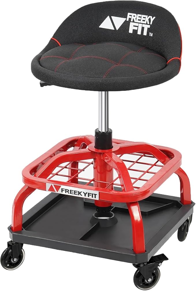 Rolling Shop Stool with Wheels, Garage Work Mechanic Stool with Backrest by FreekyFit
