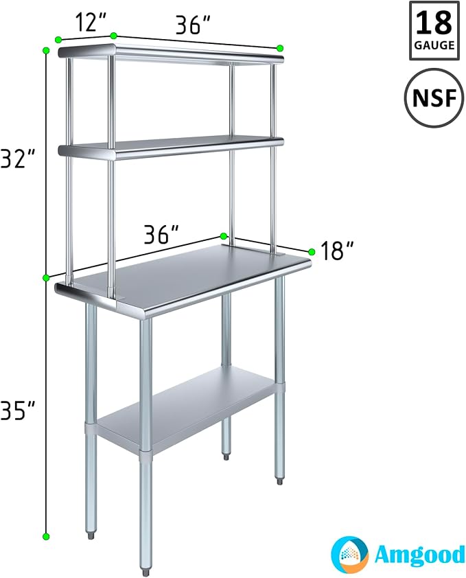 Amgood Stainless Steel Work Table Double Tier Overshelf | Metal Kitchen Prep - Image 3
