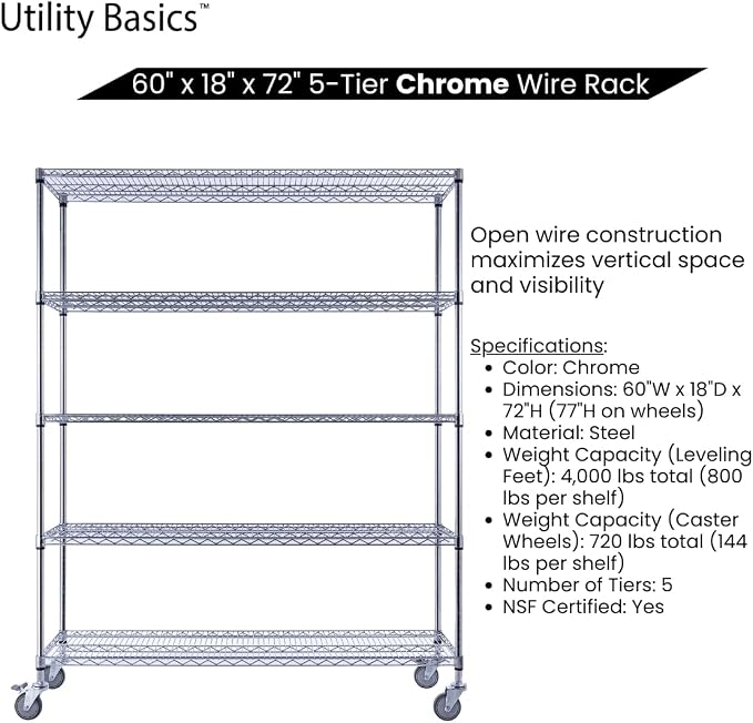 60"x18"x72" Chrome 5-Tier PREMIUM Wire Shelving NSF 4000 LBS MAX CAPACITY Heavy - Image 5