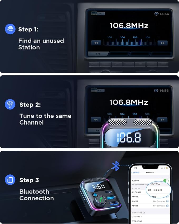 JOYROOM 81W Bluetooth 5.4 FM Transmitter Car Adapter PD & QC 3.0 USB C Car - Image 8