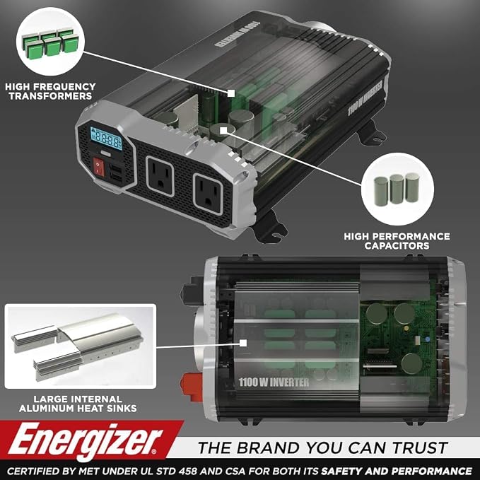 Energizer 1100 Watts Power Inverter Modified Sine Wave Car Inverter, 12V to 110 - Image 4