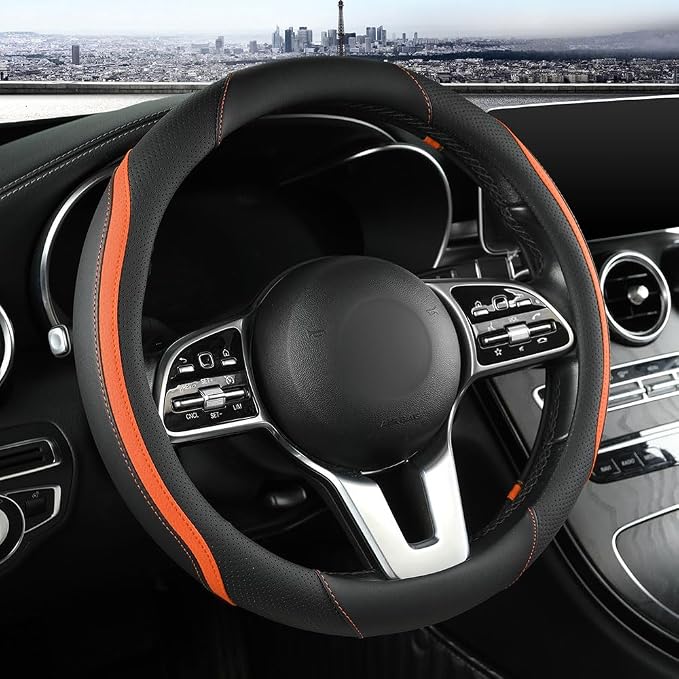 Car Steering Wheel Cover, Leather Steering Wheel Cover Orange Universal 14.5-15 by Szttswamp