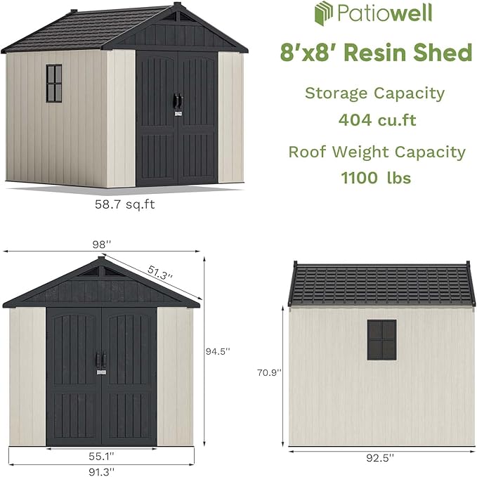 Patiowell 8x8 FT Outdoor Storage Shed, Plastic Shed Resin Garden Tool Shed - Image 8