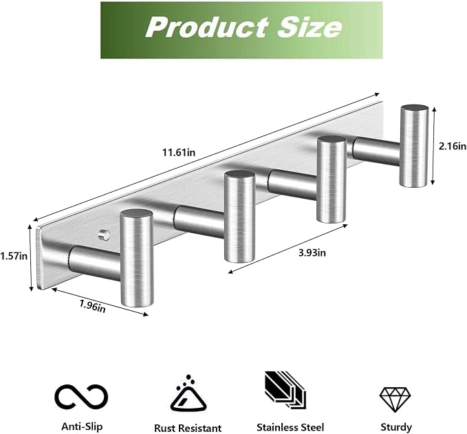 Wall Mounted Coat Rack-4 Hooks, Heavy Duty Stainless Steel Hook Rail - Image 2