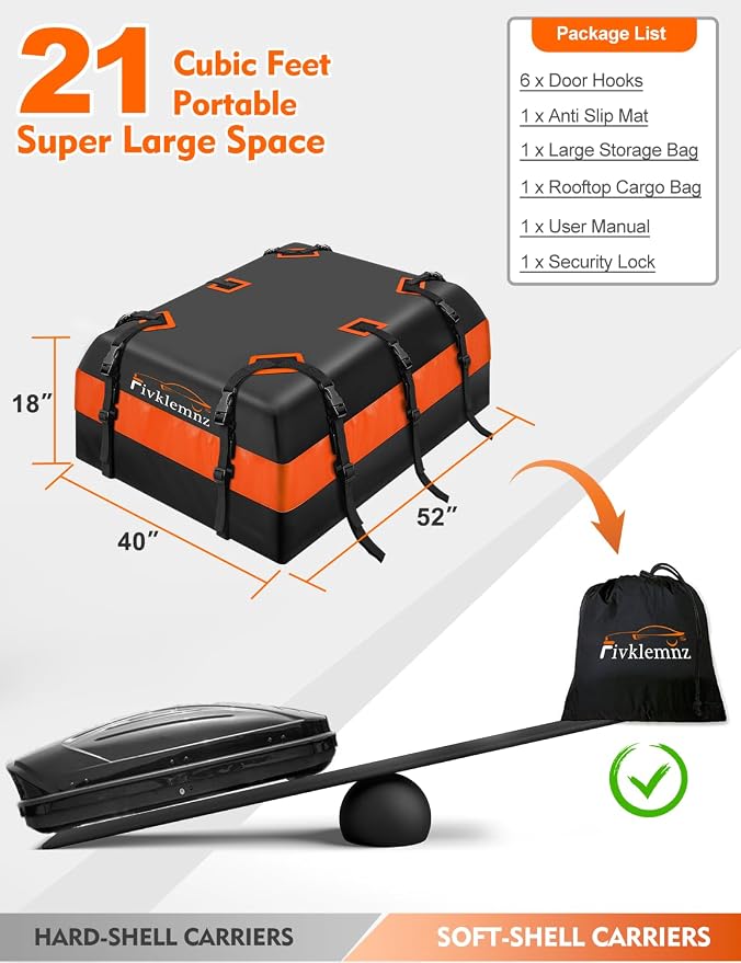 FIVKLEMNZ 21 Cubic Car Rooftop Cargo Carrier Roof Bag Waterproof - Image 4