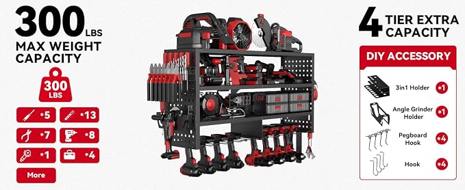 Power Tool Organizer Wall Mount, Heavy Duty 4-Tier Garage Storage Rack - Image 8