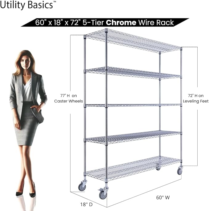 60"x18"x72" Chrome 5-Tier PREMIUM Wire Shelving NSF 4000 LBS MAX CAPACITY Heavy - Image 2