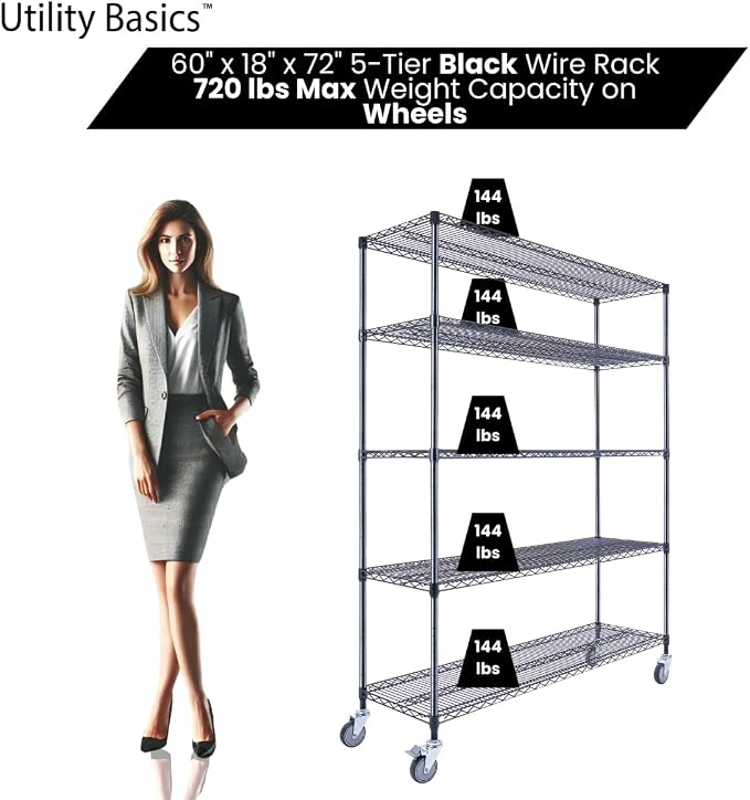 60"x18"x72" Black 5-Tier Premium Wire Shelving NSF 4000 LBS MAX Capacity Heavy - Image 4