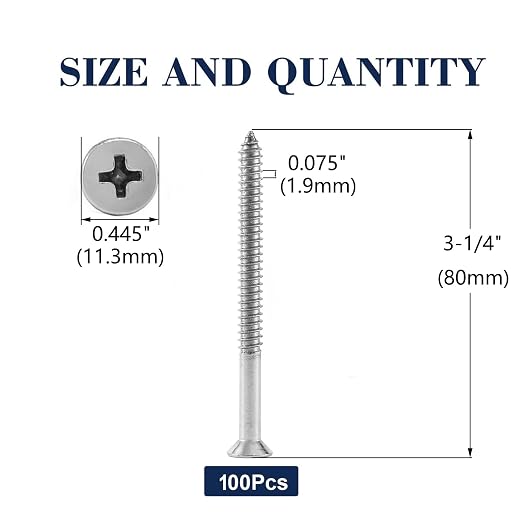 #14 x 3-1/4" Wood Screw 100Pcs 18-8 Stainless Steel Screws Flat Head Phillips - Image 2