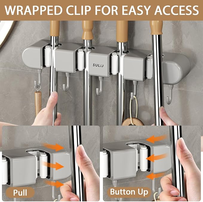 2Pcs Broom Mop Holder with Hooks Wall Mounted Broom Storage Rack No Drilling - Image 6