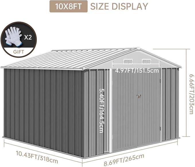 10X12FT Outdoor Metal Storage Shed, Lockable Weatherproof Garden Shed - Image 2