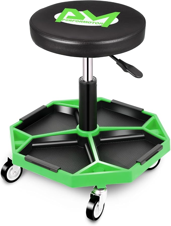 PM PERFORMOTOR Adjustable Height Pneumatic Garage Seat Rolling Mechanic Stool by PM+PERFORMOTOR