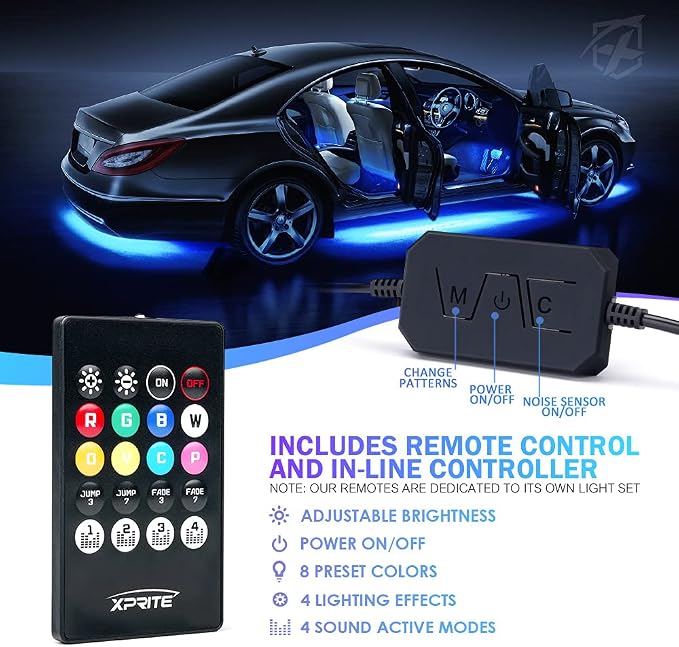 Xprite 8Pcs Car RGB LED Strip Lights, Exterior Underglow & Interior Bluetooth - Image 4