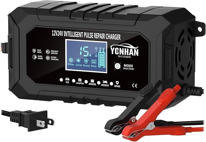 YONHAN 15-Amp Battery Charger LiFePO4 Trickle Car Battery Charger 12V 24V by InnovativeAutomotiveProducts