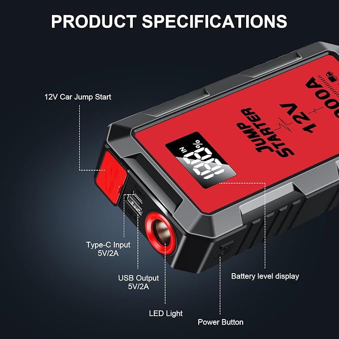 Car Battery Jump Starter with 6000A Peak Smart Clip LCD Display and 3 Modes - Image 6