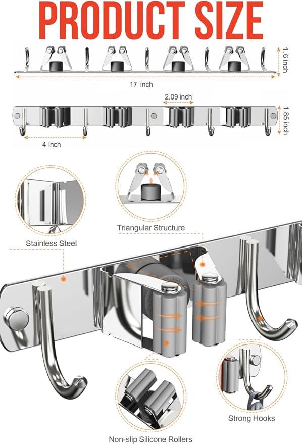 Mop and Broom Holder Wall Mount, Upgraded Broom Hanger Wall Mount, Stainless - Image 4