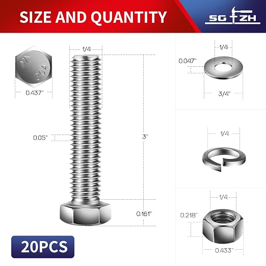 1/4-20 x 3" Hex Head Screw Bolt, Flat & Lock Washers, Fully Threaded, by SG TZH - Image 2