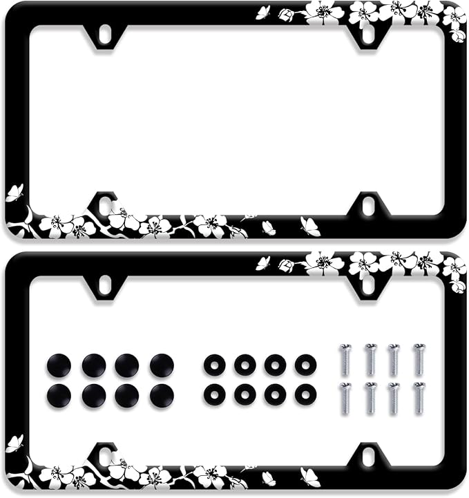 【2Pcs】 Black White Cherry Blossoms License Plate Frame Floral Flowers License by GORSNKYE