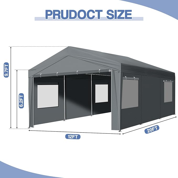 VINGLI 12x20 Carport Canopy Portable Garage - Image 3