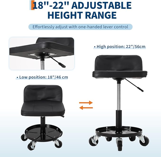 Garage Stool, 16”-21” Adjustable Rolling Mechanic Stool - Image 4