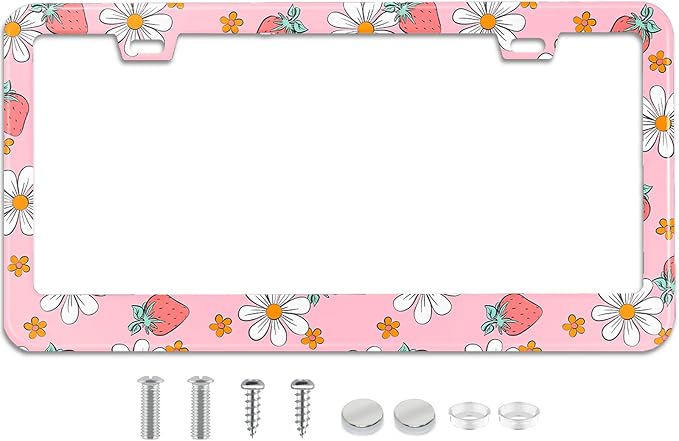 Pink Strawberry Floral License Plate Frame Stainless Steel License Plate Frames by TXWWXT