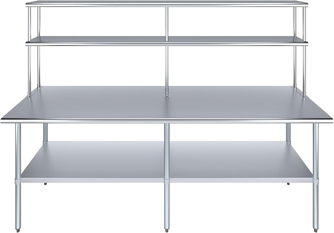 Amgood Stainless Steel Work Table Double Tier Overshelf | Metal Kitchen Prep by AmGood