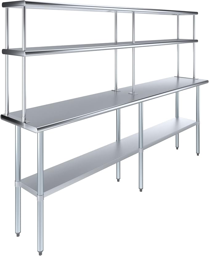 Amgood Stainless Steel Work Table Double Tier Overshelf | Metal Kitchen Prep by AmGood
