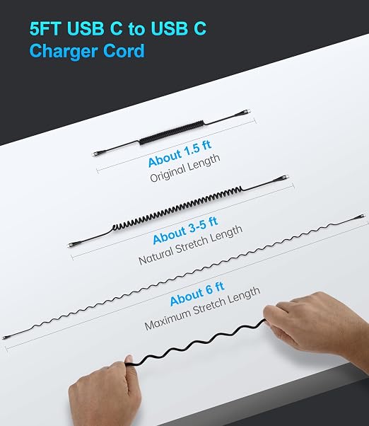 Coiled USB C to C Cable for Car 5FT, USB Type C Charger Cable 100W Short USBC - Image 6