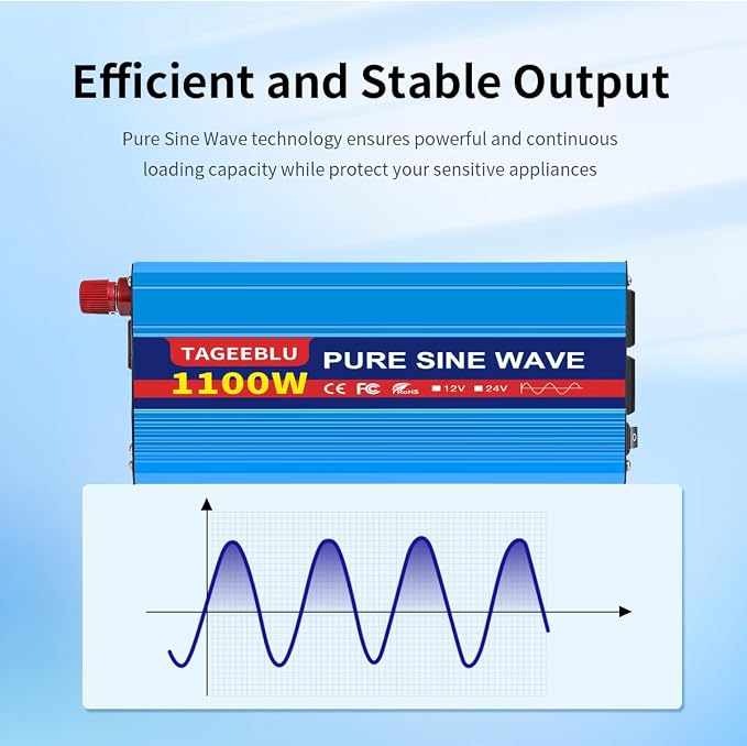 1100 Watt Pure Sine Wave Inverter, Solar Power Inverter, 12V DC to 110V AC - Image 2