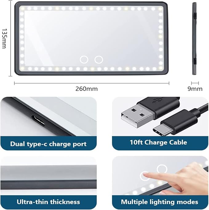 Car Visor Vanity Mirror with Rechargeable LED Lights, 3 Light Modes & Dimmable - Image 5