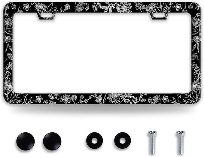 Line Art Flowers License Plate Frame Beautiful Floral License Plate Frames by BRAGHRTED