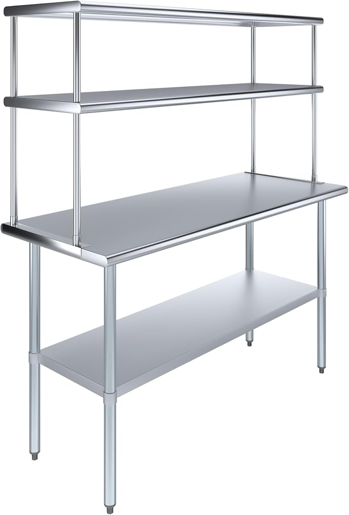 Amgood Stainless Steel Work Table Double Tier Overshelf | Metal Kitchen Prep by AmGood