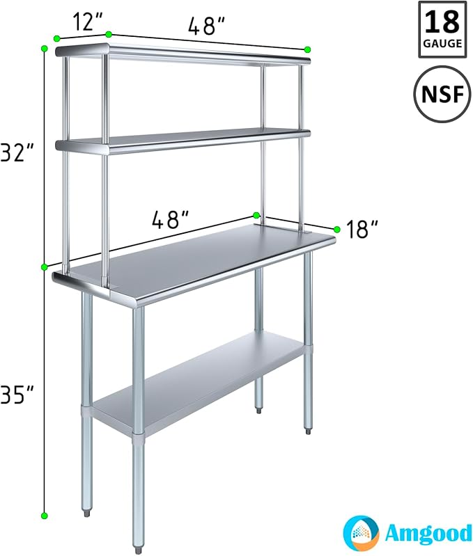 Amgood Stainless Steel Work Table Double Tier Overshelf 18" x 48" Work Table + - Image 3