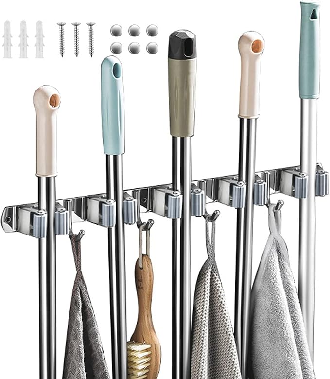Mop and Broom Holder, 4 Positions 5 Hooks Heavy Duty Mop Hanger Wall Mounted by Unknown