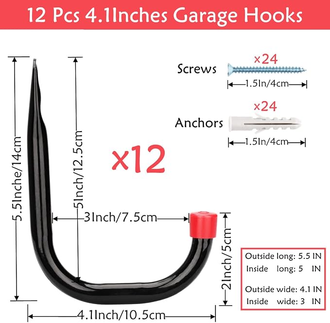 12 Pack Garage Storage J Hooks, 4.1Inches Heavy Duty Wall Mount Utility Hangers - Image 2