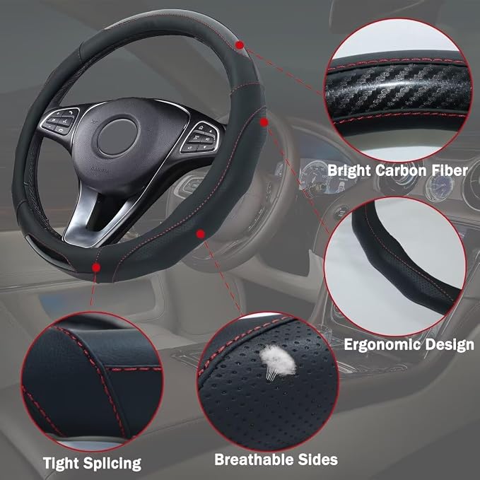 Car Steering Wheel Cover with Cup Coasters, Universal 15 inch Leather Carbon - Image 4