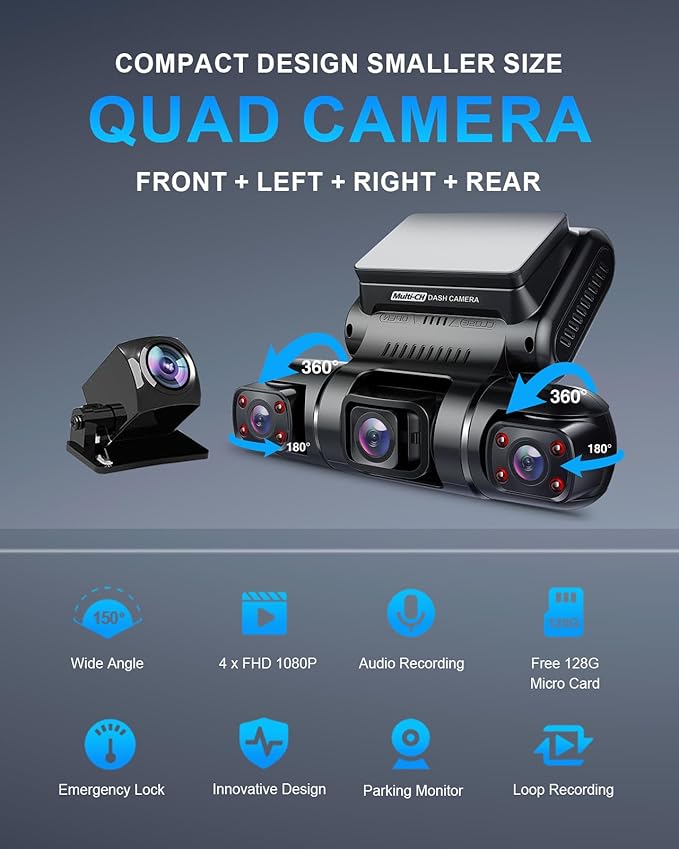 PRUVEEO 360 Degree View 4 Channel Dash Cam Front and Rear Inside Left Right - Image 2
