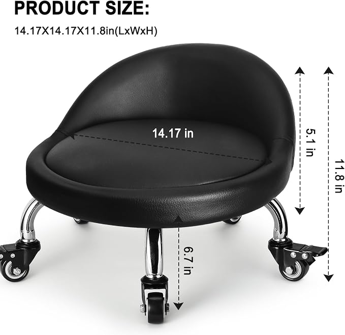 Rolling Stool with Backrest Low Height Rolling Stool with PU Leather, Roller - Image 3