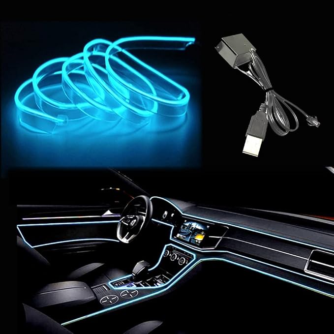 El Wire Ice Blue Interior Car LED Strip Lights, 2M Neon Wire USB 5V by Maxlaxer