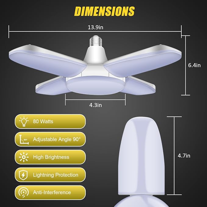 LED Garage Lights 2 Pack, 4 Foot Adjustable Ceiling Light, 6500k 8000LM - Image 5
