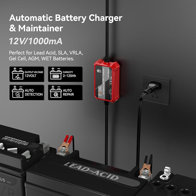 FOVAL Fully Automatic Trickle Battery Charger, 1000mA 12V Smart Car Battery - Image 2