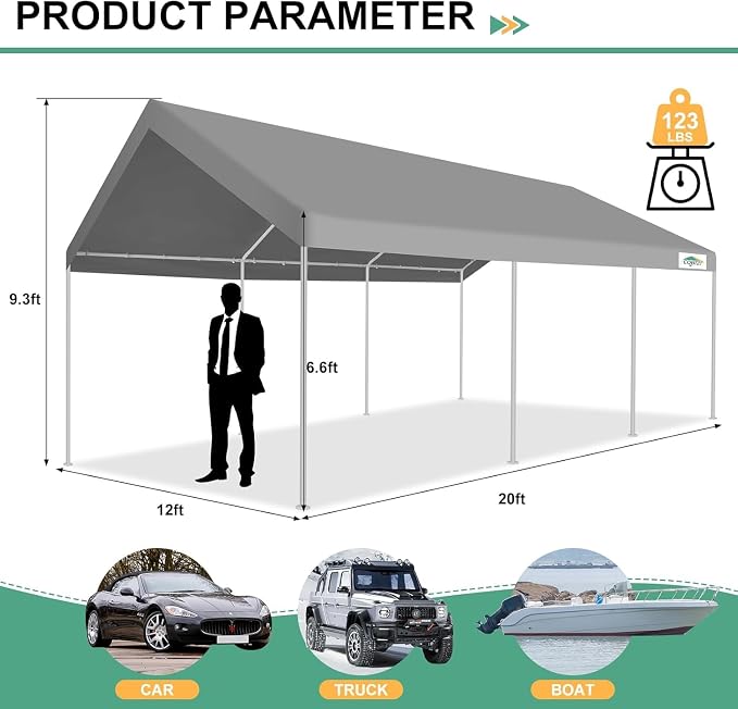 COBIZI Carport 12x20ft Heavy Duty Portable Garage, 2.0 Powder Coated Frame - Image 5