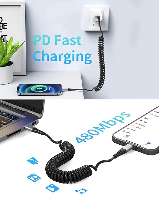 Coiled USB C to Lightning Cable - Image 6