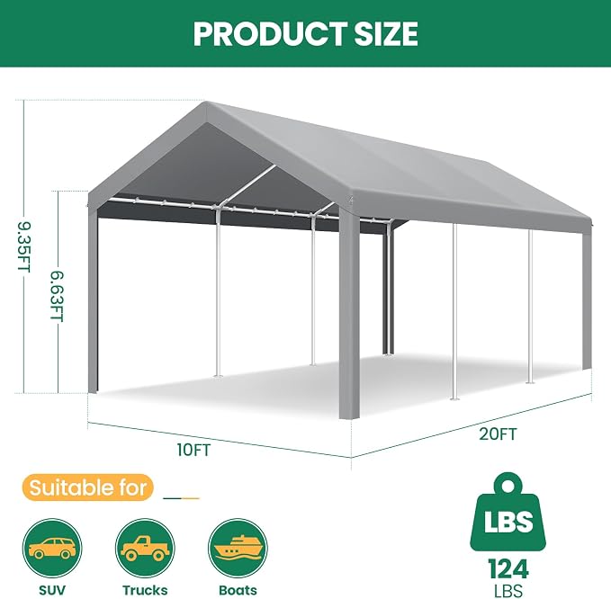 COBIZI Carports 10x20 Heavy Duty Car Tent Garage, Galvanized Frame Car Canopy - Image 4